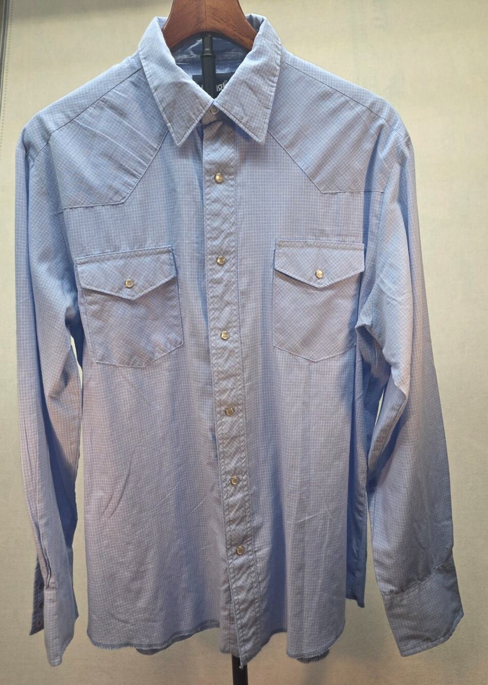 Wrangler Men's Large Western Shirt Blue Grid Check Pearl Snap Long Sleeve Cowboy